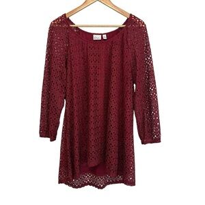 Kim Rogers Women's Large Burgundy Maroon Knit Crochet Lace Layered Blouse